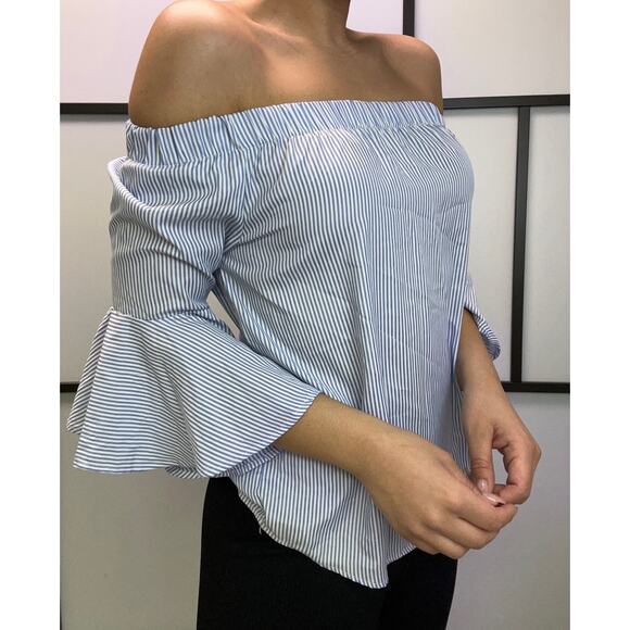 Off shoulder top blue white stripe flare sleeves size S - Picture 1 of 3